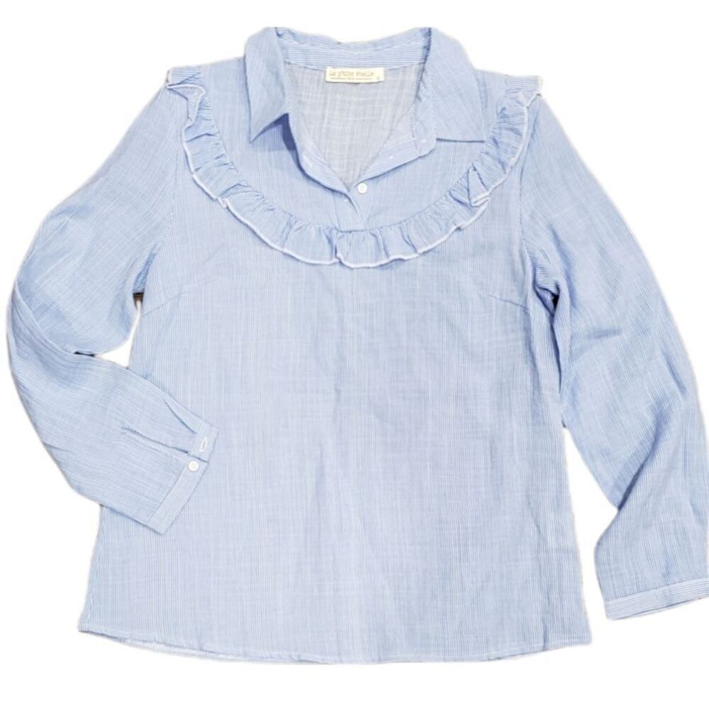 La P'tite Etoile Paris Blue Linen Railroad Stripe Ruffle Blouse 2